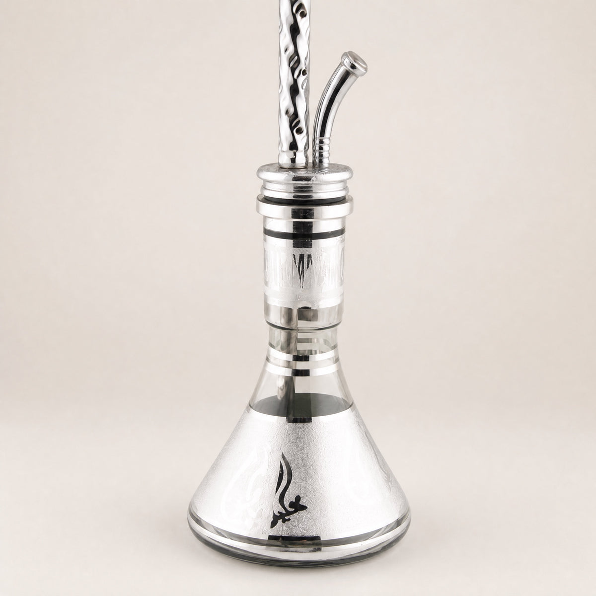Khalil Mamoon Borg 4351 macro detail showing the silvered glass base with Arabic calligraphy and polished hose port collar, image 4 of 20