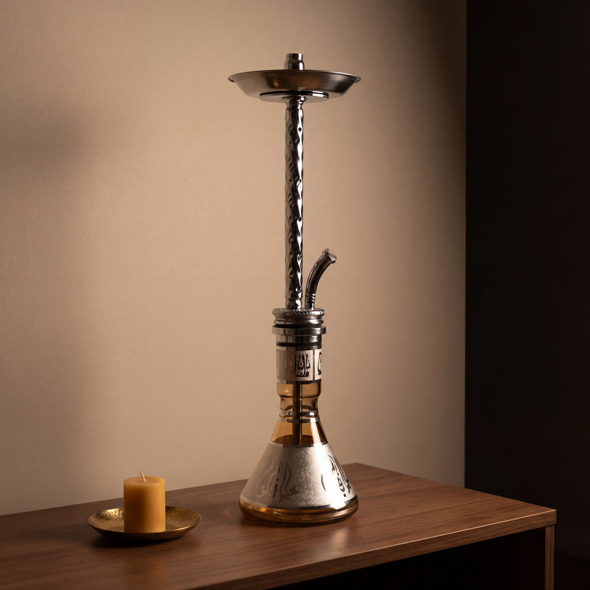 Khalil Mamoon Borg 4351 hookah on walnut console in warm evening light with brass dish and beeswax candle, image 7 of 20