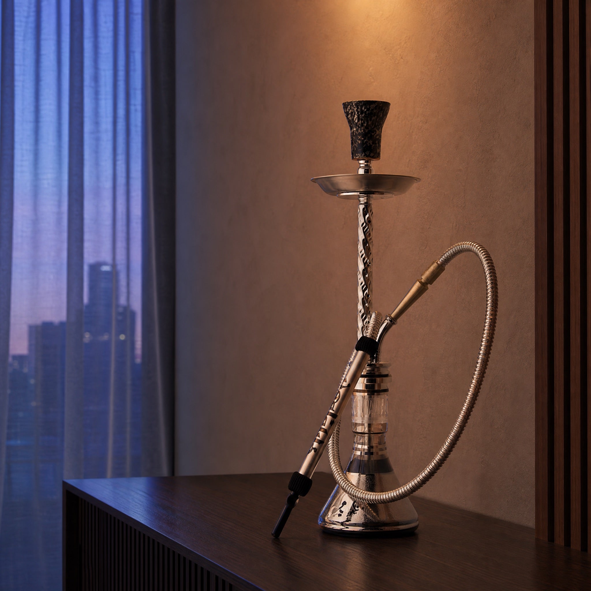 Khalil Mamoon Borg 4351 hookah pipe assembled with bowl, pierced foil, hose connected and water at line, ready for session