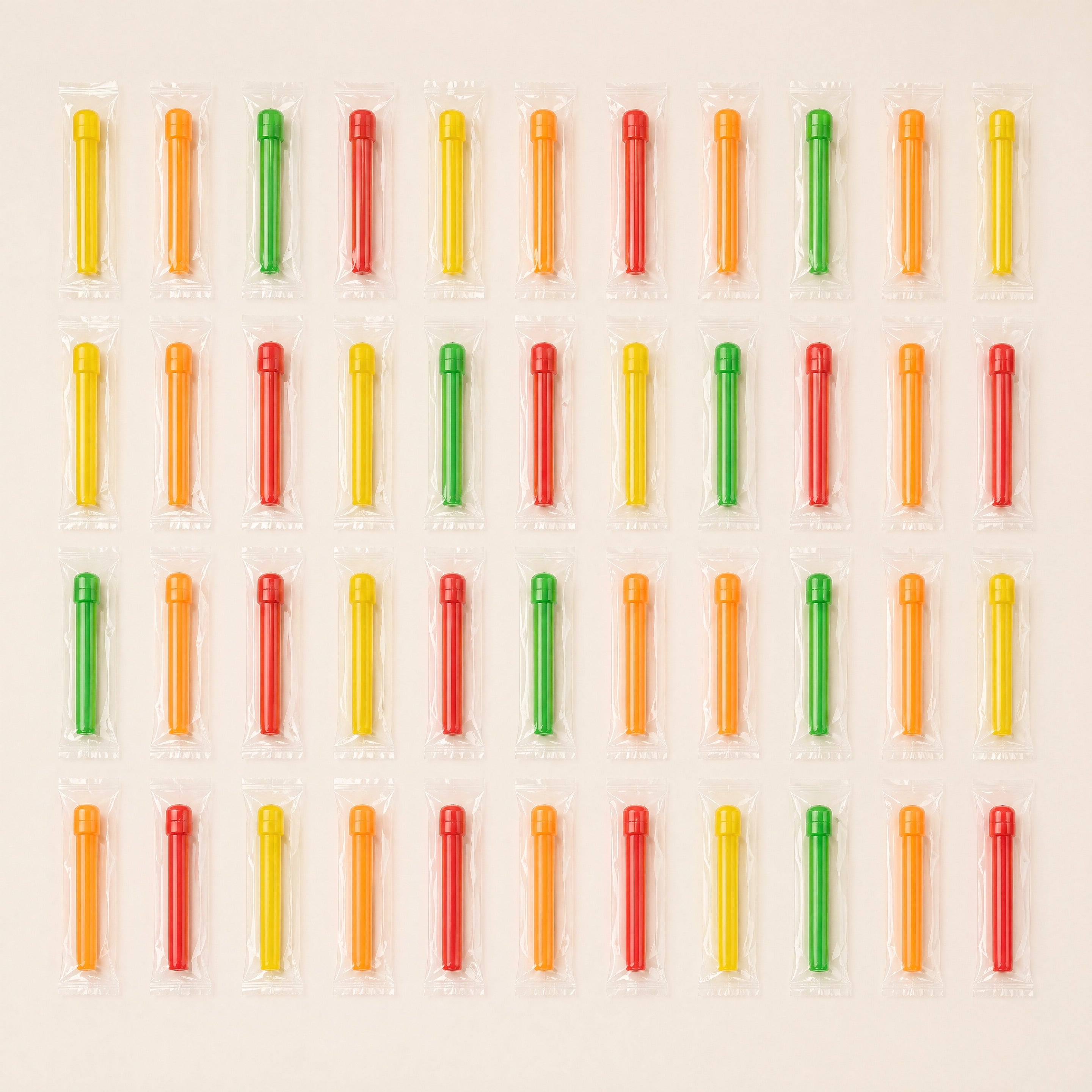 Forty-four individually wrapped Khalil Mamoon disposable shisha tips laid out in a grid showing the multi-colour pack contents