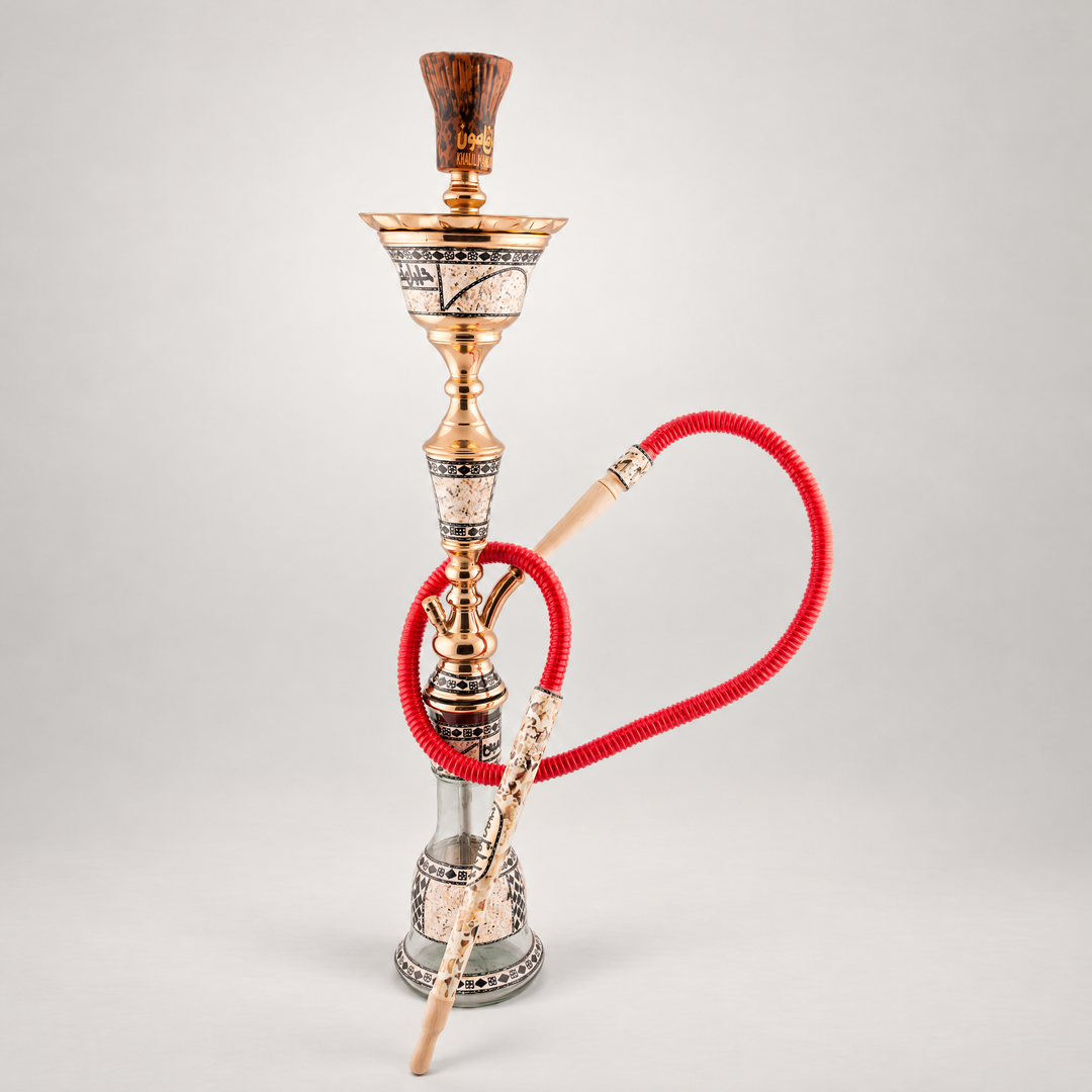 Khalil Mamoon Ice Chiller 113115 80cm Shisha with clay bowl, red hose and mosaic mouthpiece on a plain light studio background