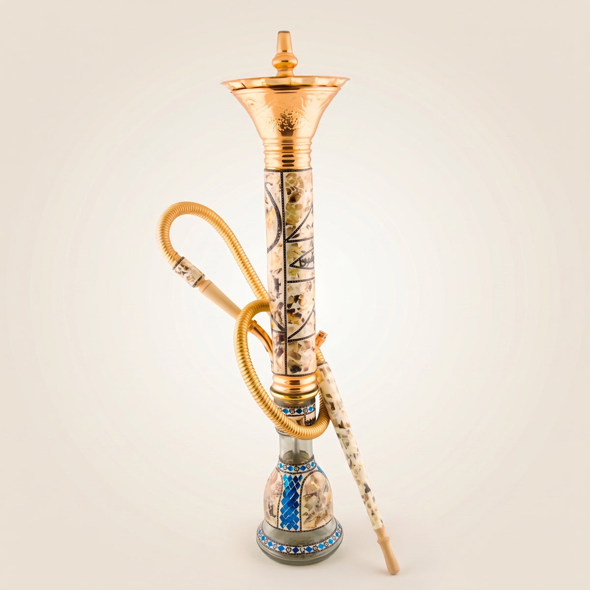 Khalil Mamoon Ice Dana Sadaf 90cm Egyptian shisha pipe with mother-of-pearl inlay, ice bucket and gold kit on studio backdrop, image 2 of 21