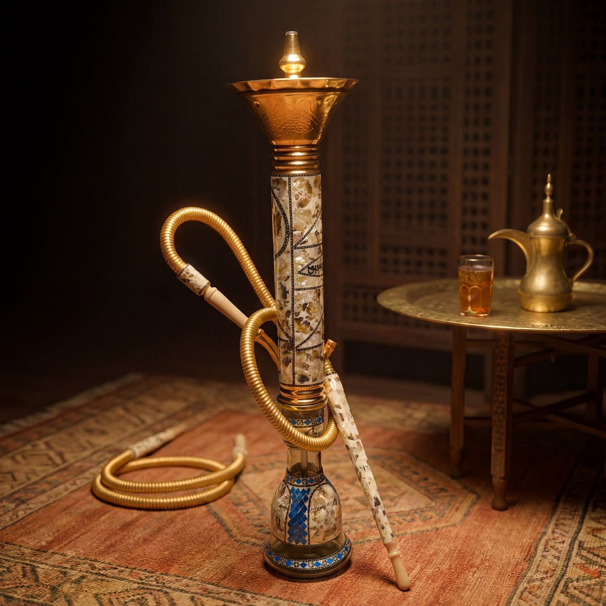Khalil Mamoon Ice Dana Sadaf Egyptian shisha pipe on kilim rug in warm majlis lantern light at night, image 5 of 21