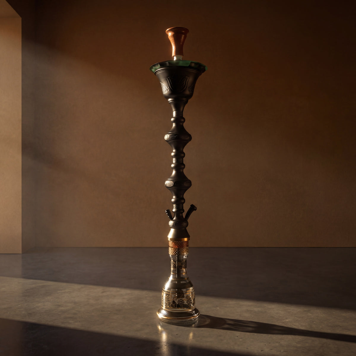 Khalil Mamoon Ice Shareef Black 90cm hookah standing tall in warm architectural interior with raking afternoon light, image 4 of 16
