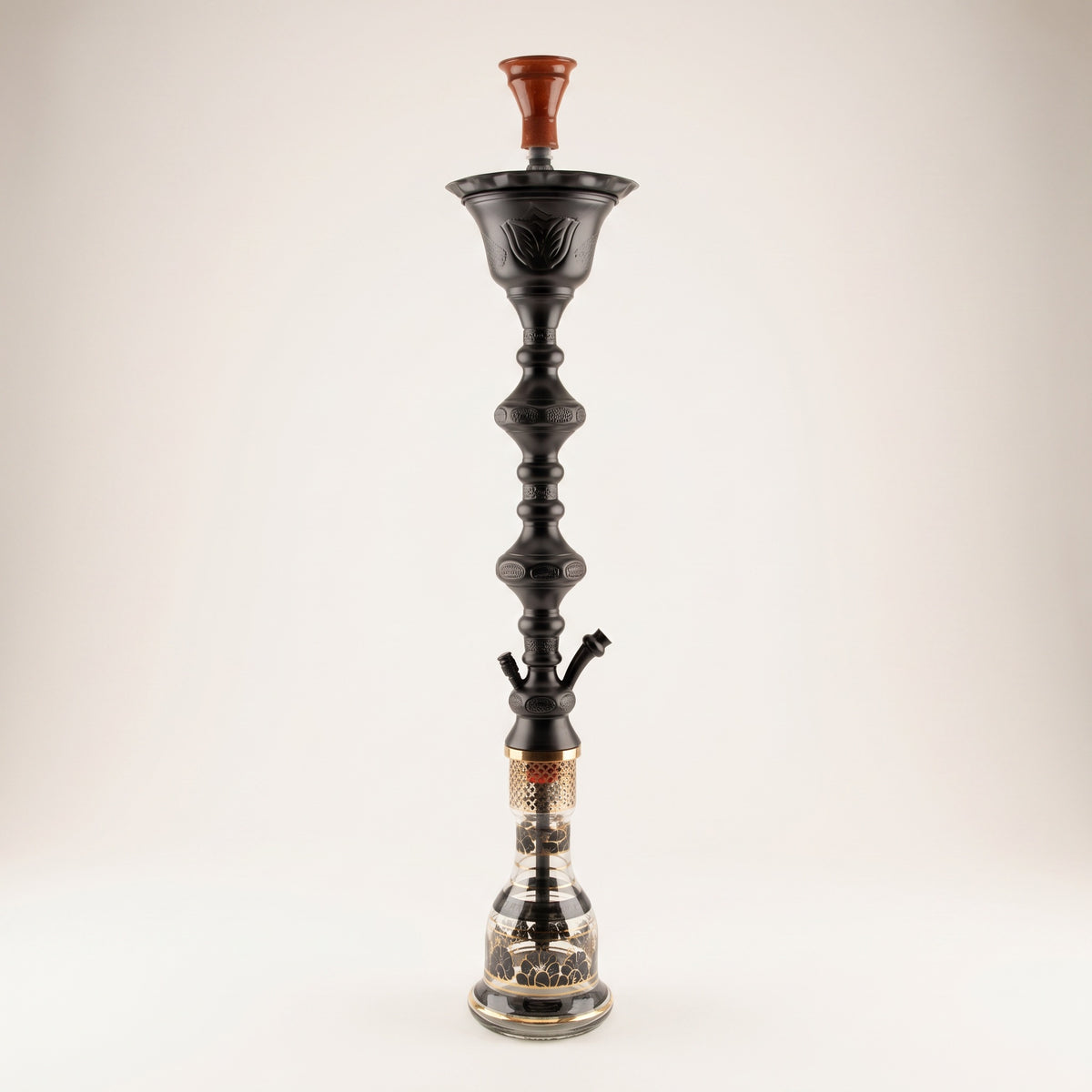 Khalil Mamoon Ice Shareef Black 90cm hookah, satin black 2-level stem with embossed Arabic cartouches and gold-decorated glass base, image 2 of 16