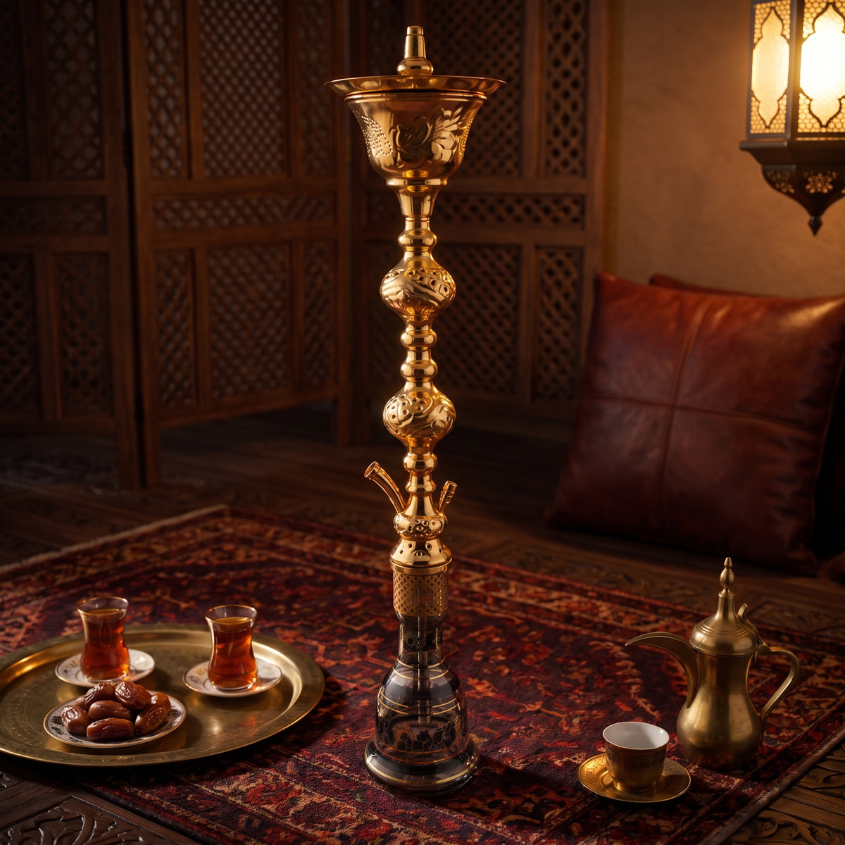 Khalil Mamoon Ice Sharqawi 2 100cm shisha pipe beside Arabic tea and dates showing commanding scale, image 6 of 23