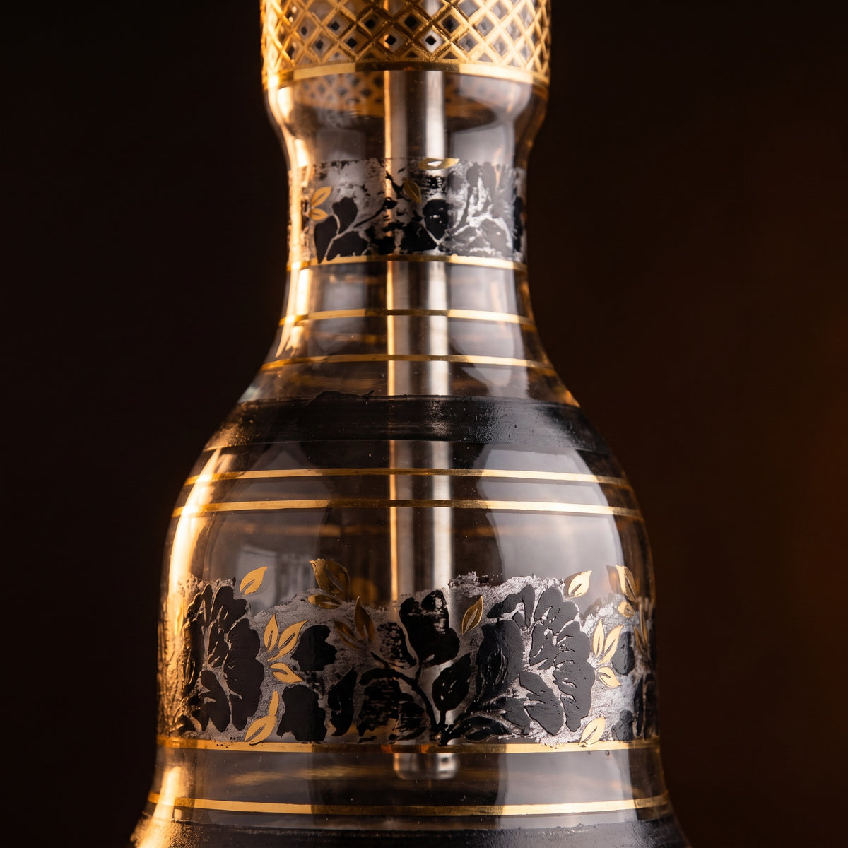 Hand-screened black and gold floral glass base of Khalil Mamoon Ice Sharqawi 2 shisha pipe, image 5 of 23