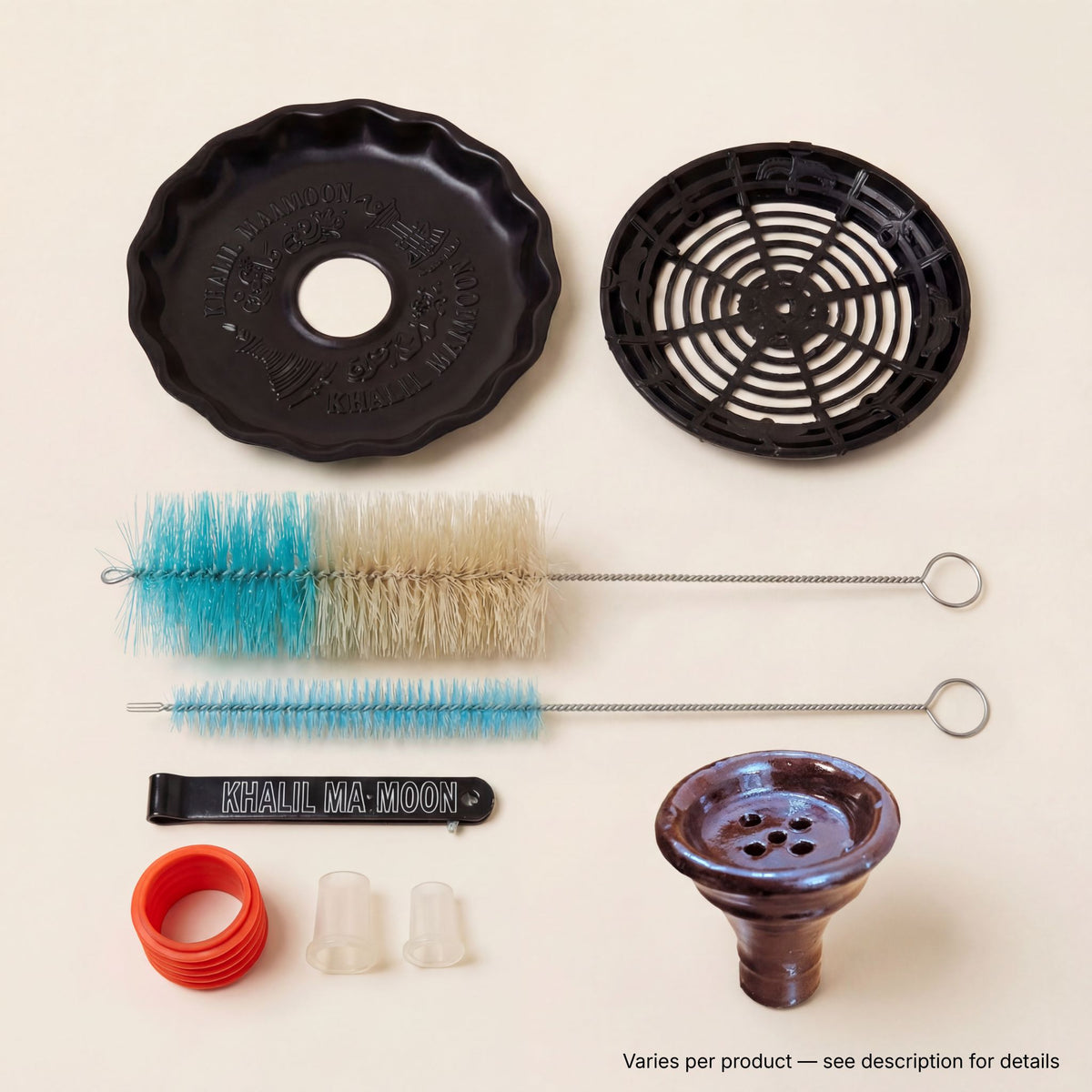 Khalil Mamoon included accessories — cleaning brushes, fluted base mat, spider diffuser, branded tongs and hose grommets, image 7 of 16