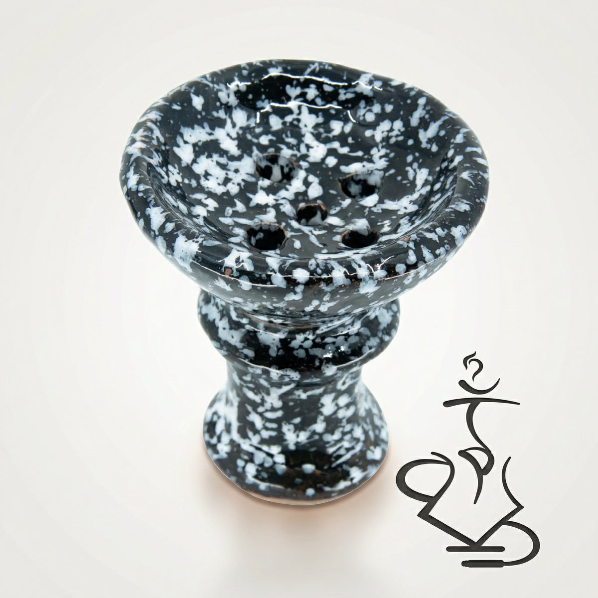 Khalil Mamoon marble ceramic hookah bowl with glossy black and white spatter glaze, traditional 5-hole Egyptian design, studio shot on warm white background, image 2 of 9