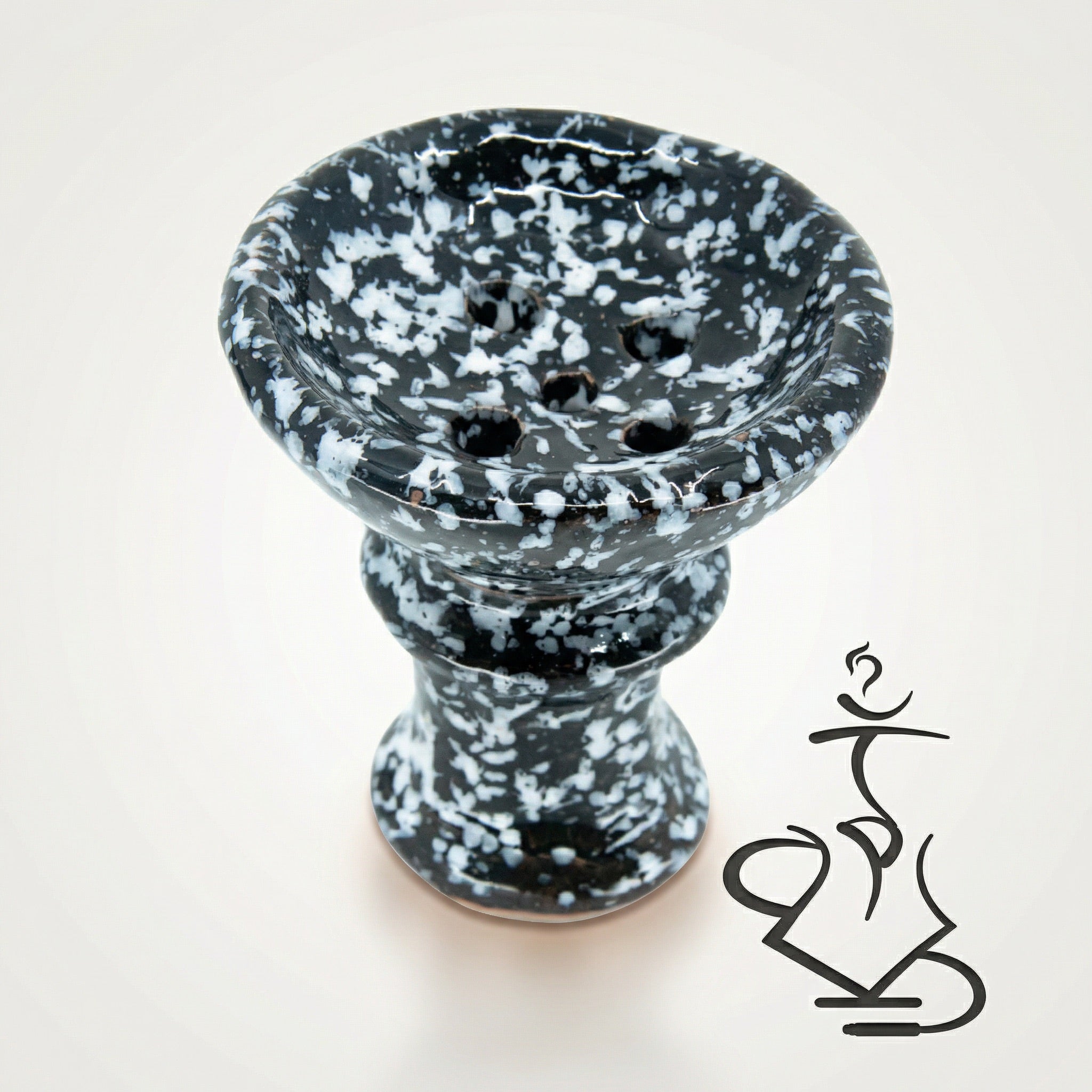 Khalil Mamoon marble ceramic hookah bowl with glossy black and white spatter glaze, traditional 5-hole Egyptian design, studio shot on warm white background