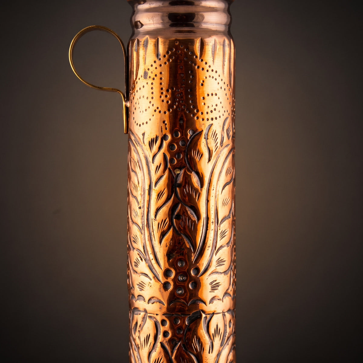 Hand-chased copper engraving and purge valve loop on Khalil Mamoon Obsidian Mismatch 7621 shisha column, Cairo handmade, image 4 of 20