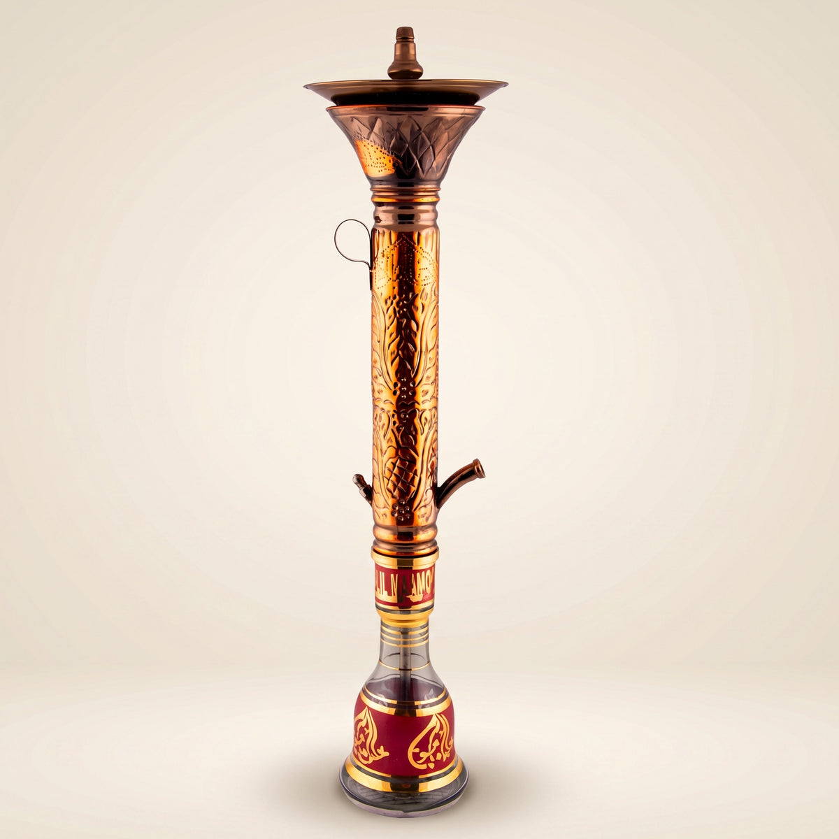 Khalil Mamoon Obsidian Mismatch 7621 shisha pipe with engraved copper column and red Arabic glass base on cream studio, image 2 of 20