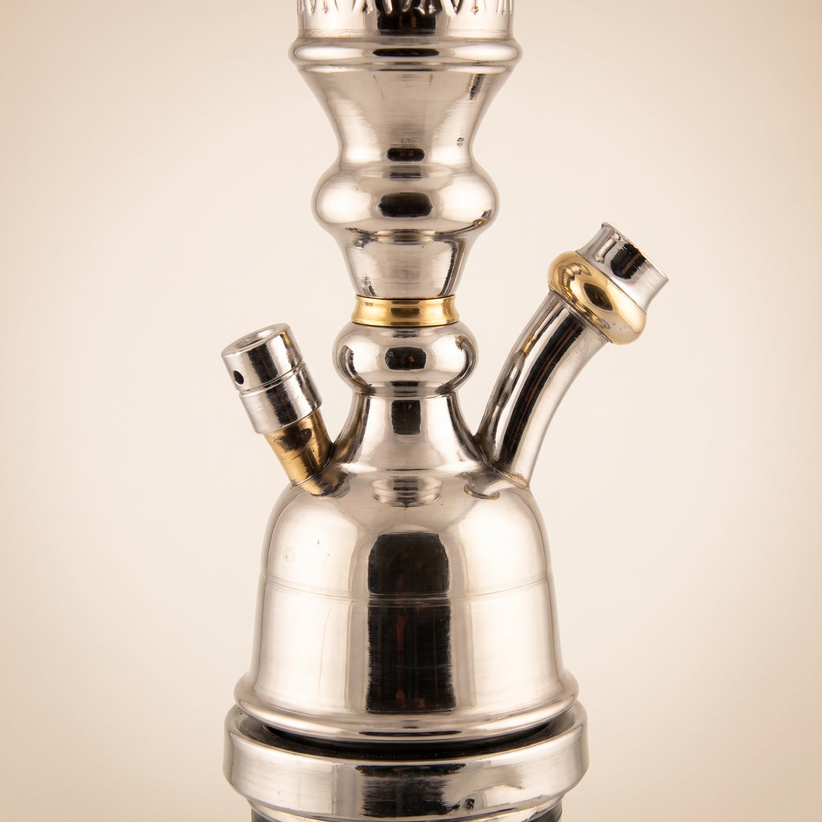 Close-up of Khalil Mamoon Omda Steel 1141 hose port dome with brass accent rings and hand-welded stainless steel knuckle, image 4 of 19