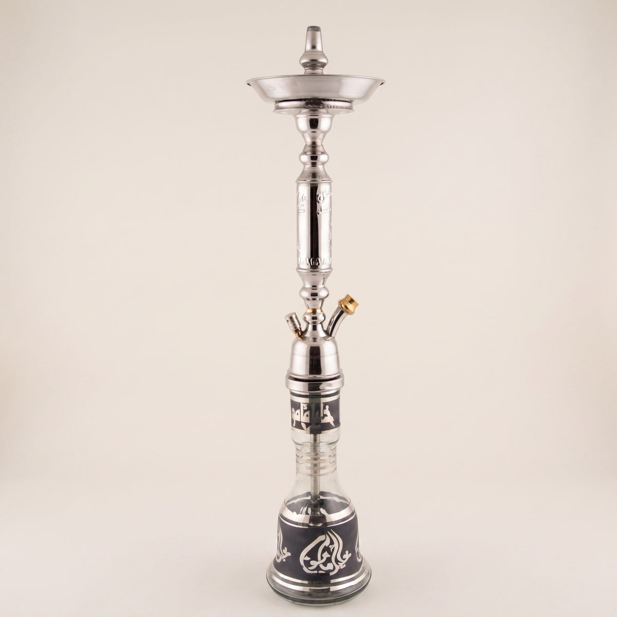 Khalil Mamoon Omda Steel 1141 polished stainless steel shisha pipe with Arabic calligraphy glass base, studio front view, image 2 of 19