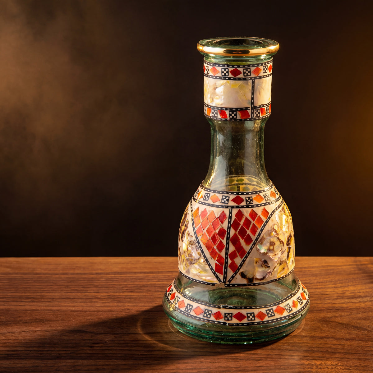 Khalil Mamoon Sadaf shell inlay hookah base on warm timber surface with atmospheric haze, The Premium Way, image 3 of 11