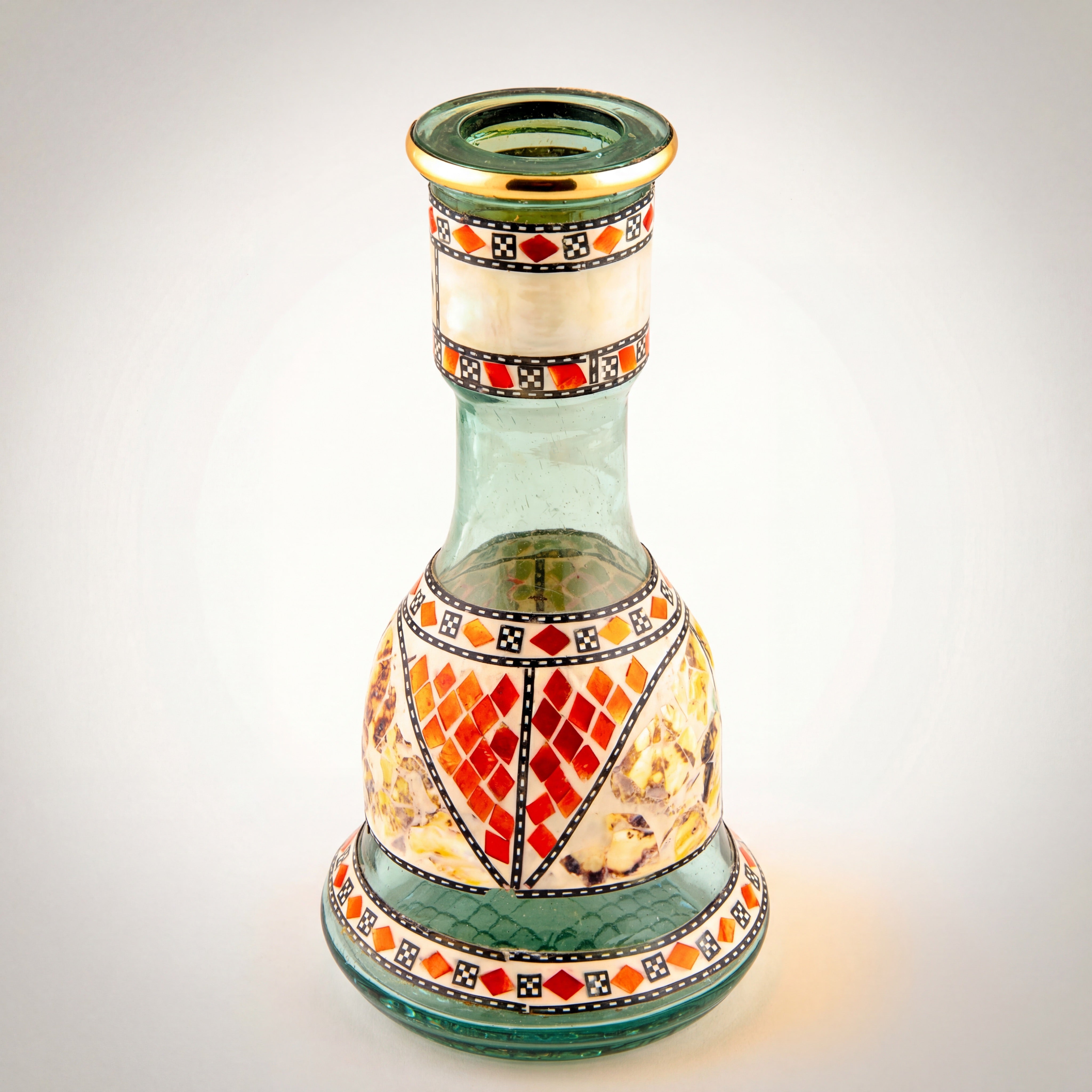 Khalil Mamoon Sadaf shell inlay hookah base with red enamel mosaic and gold rim, warm white studio, The Premium Way
