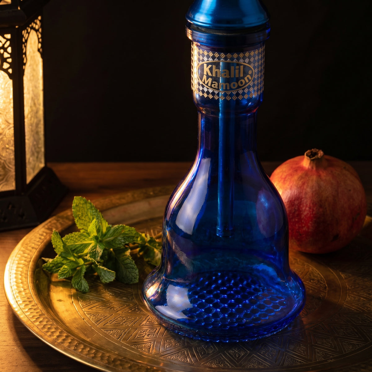 Khalil Mamoon Shareef Blue cobalt glass base with hobnail pattern on brass tray with mint and pomegranate, image 4 of 14