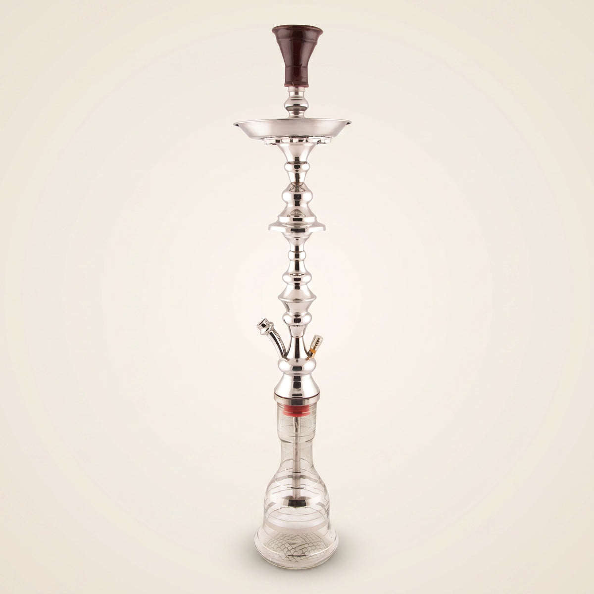 Khalil Mamoon Shareef Silver 79cm hookah, polished chrome 2-level Egyptian stem with clay bowl and patterned glass base, image 2 of 13
