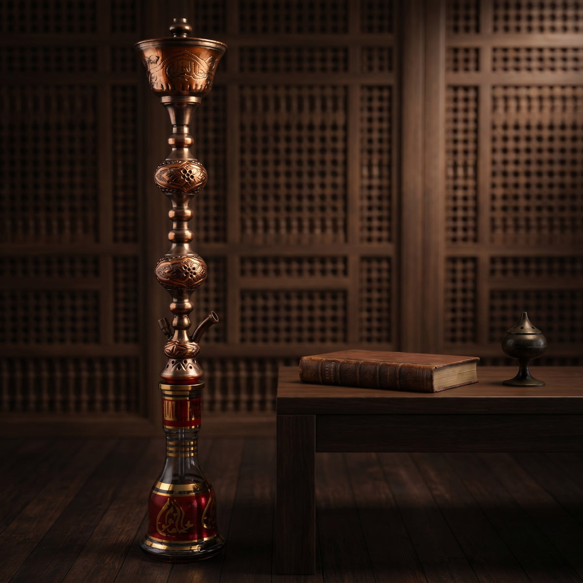 Khalil Mamoon Sharqawi 2 Copper hookah in collector's study beside leather book and brass oud holder, image 6 of 22