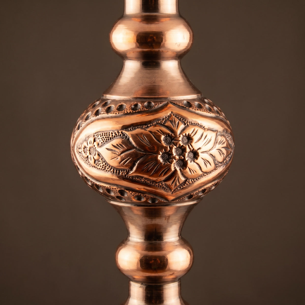 Hand-engraved copper stem detail on Khalil Mamoon Sharqawi 2, raised floral relief and punched-dot bordering, image 3 of 22