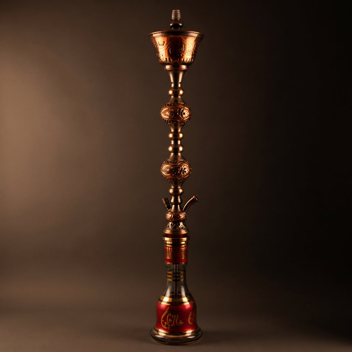 Khalil Mamoon Sharqawi 2 Copper 100cm hookah side profile, dramatic warm light against dark backdrop, image 5 of 22