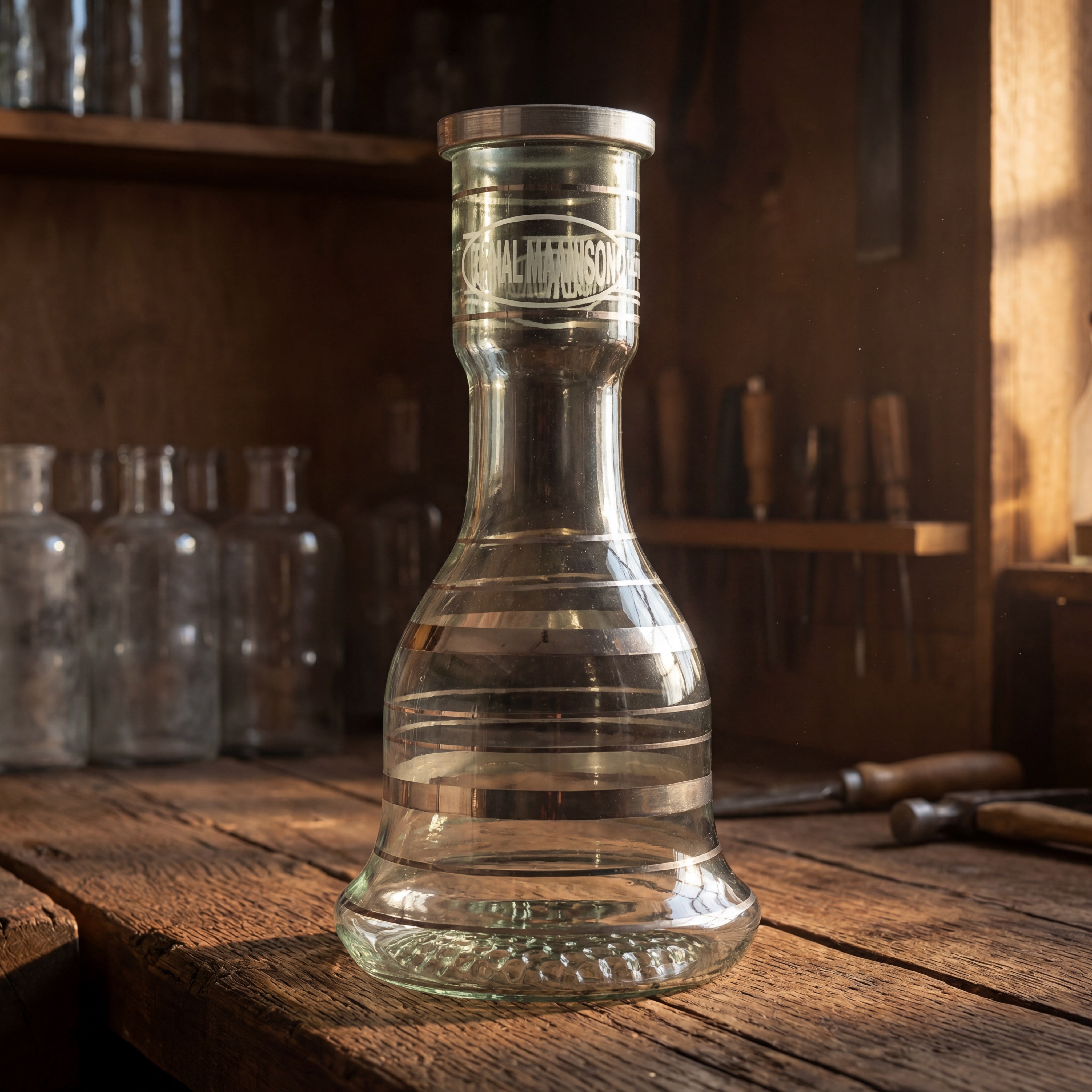 Khalil Mamoon Silver Stripe 30cm glass base on oak workbench in Cairo glassworks, silver stripe detail