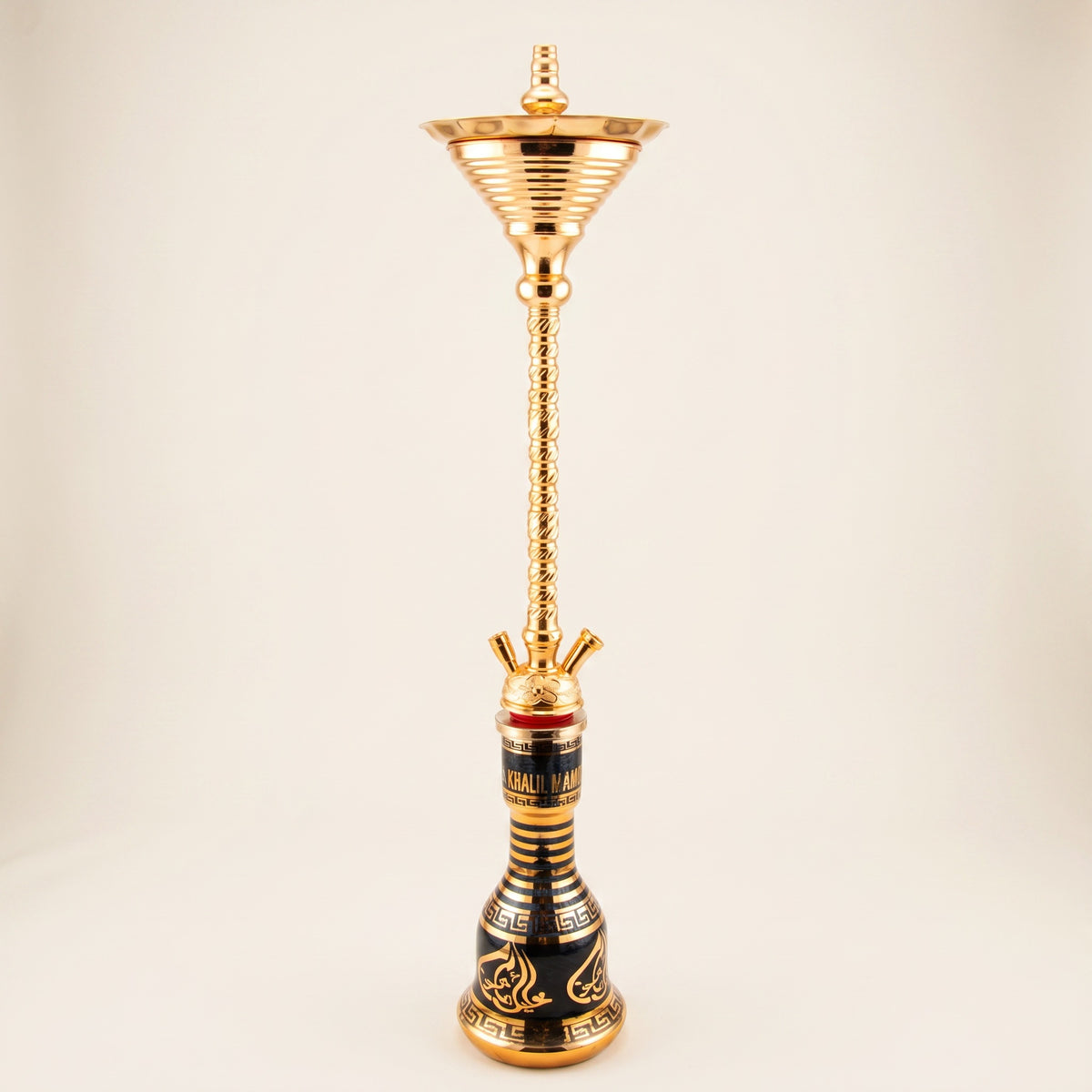 Khalil Mamoon Skinny Gold 7705 90cm Egyptian hookah with slim polished gold stem and black Arabic calligraphy glass base, image 2 of 16