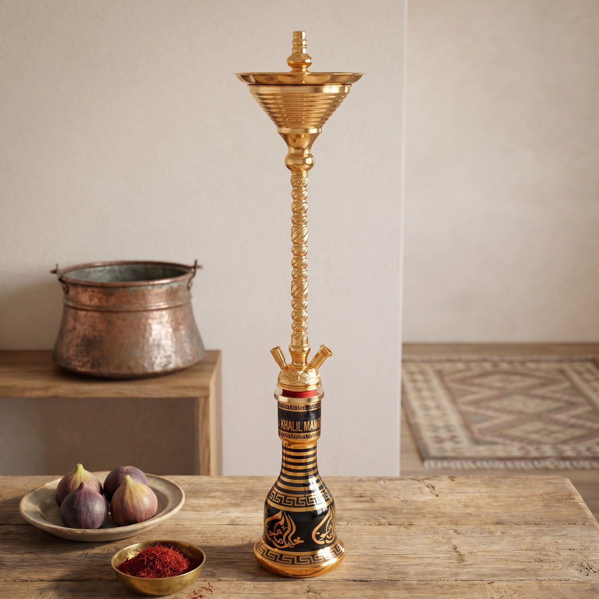 Khalil Mamoon Skinny Gold hookah in soft morning light with aged copper pot fresh figs and saffron on wood table, image 5 of 16