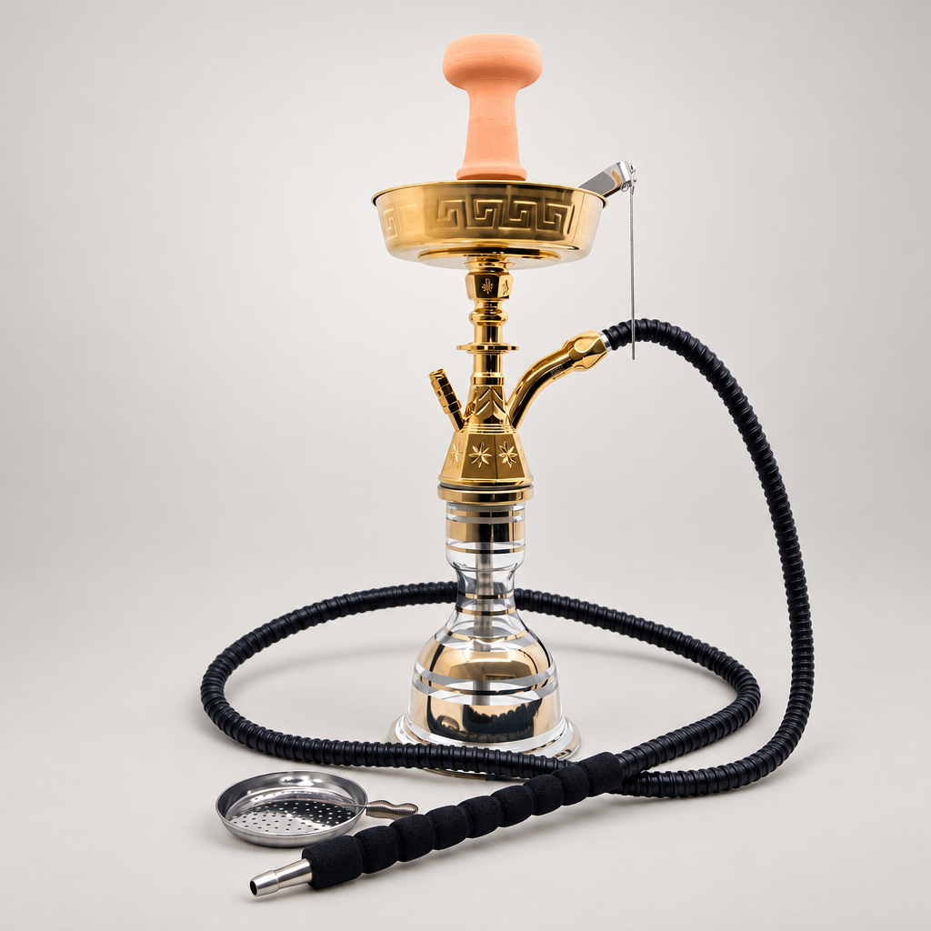 King Buzz Gold Traditional Shisha 52cm Kit with clay bowl, tongs, hose and charcoal screen on a plain light studio background