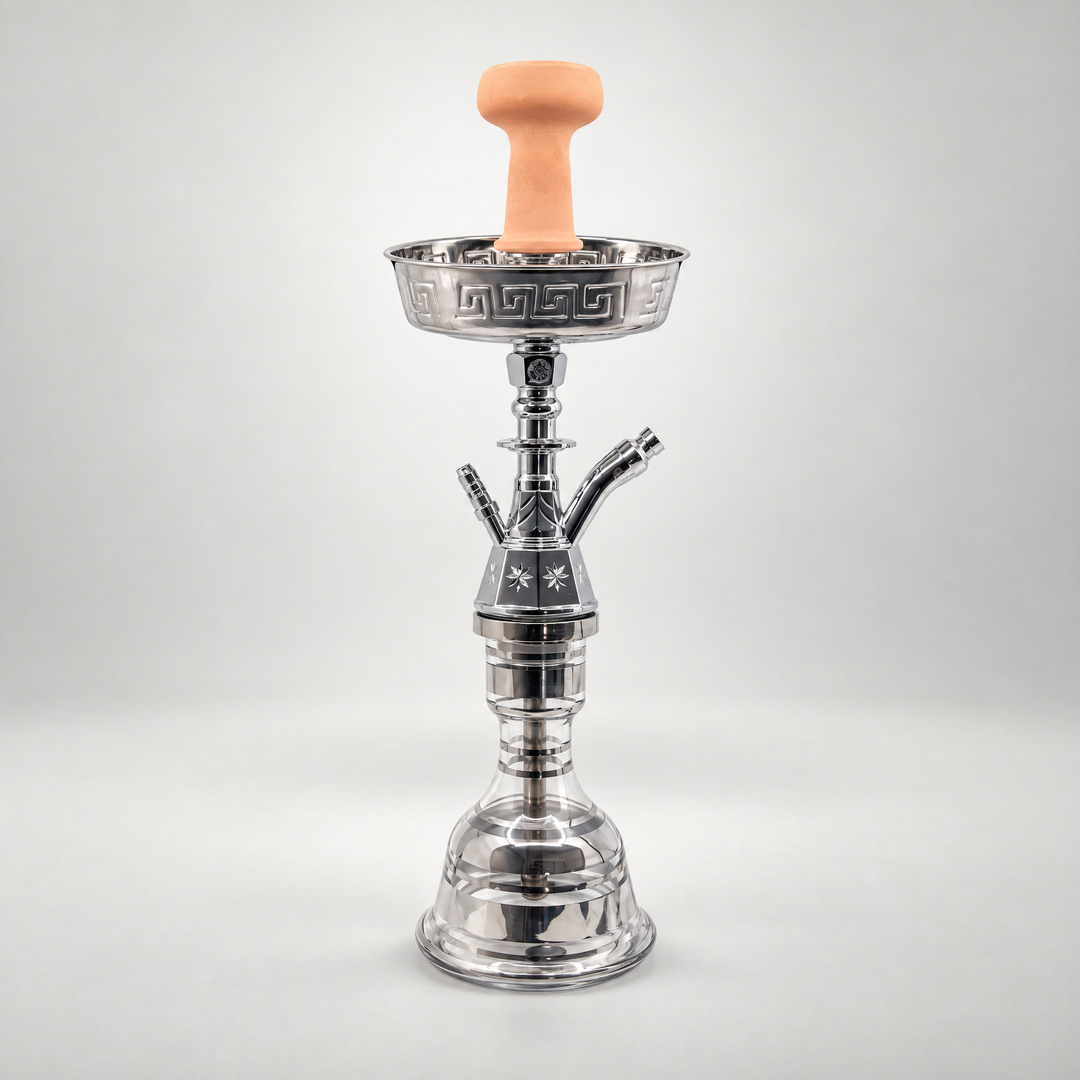 King Buzz Small Silver Traditional Shisha Pipe, the whole pipe on a plain light studio background