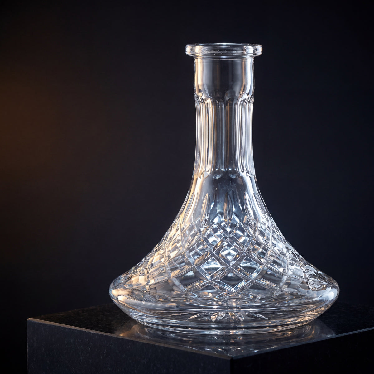 Lismore crystal-cut hookah base on dark stone plinth with cool backlight igniting diamond-cut facets, image 2 of 6