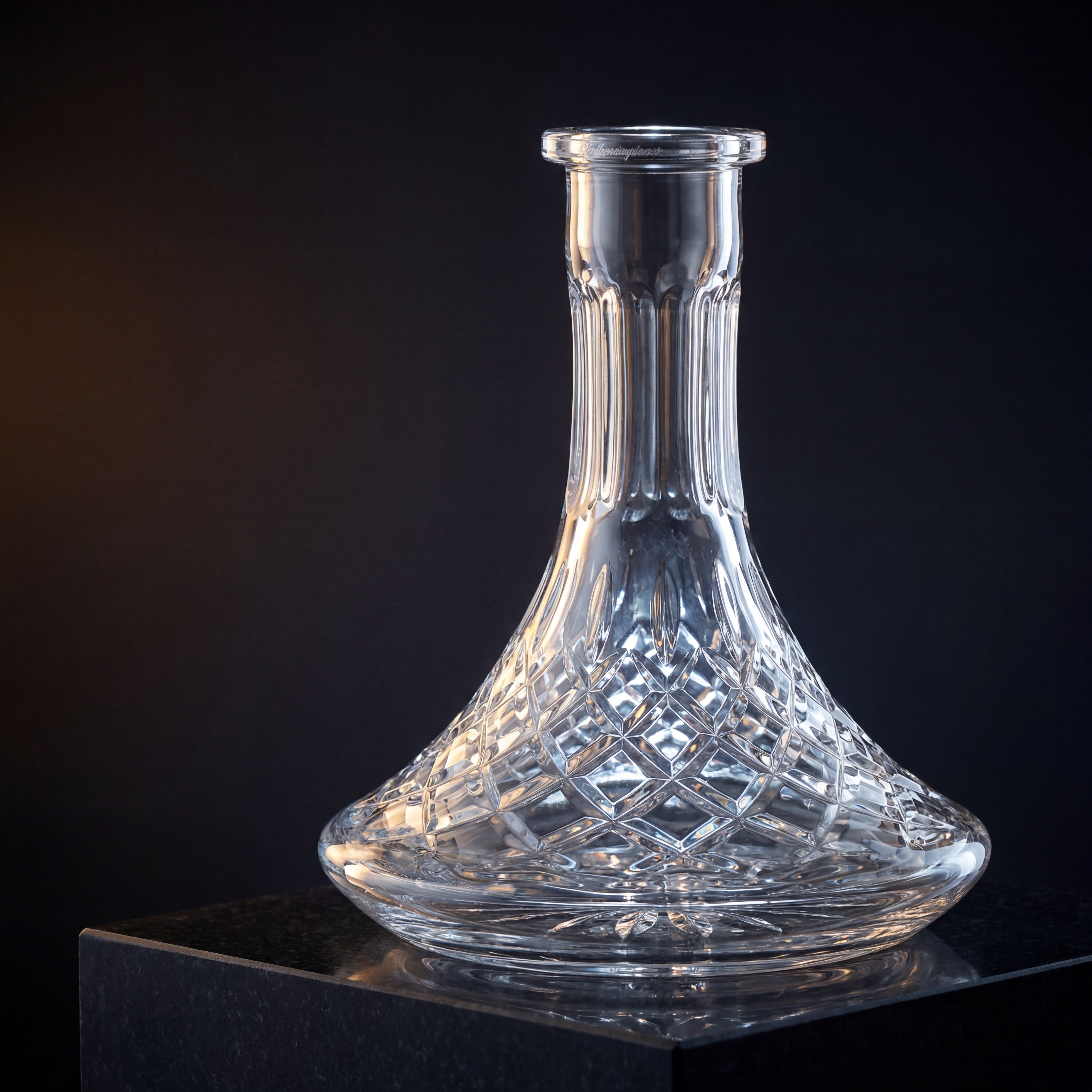 Lismore crystal-cut hookah base on dark stone plinth with cool backlight igniting diamond-cut facets