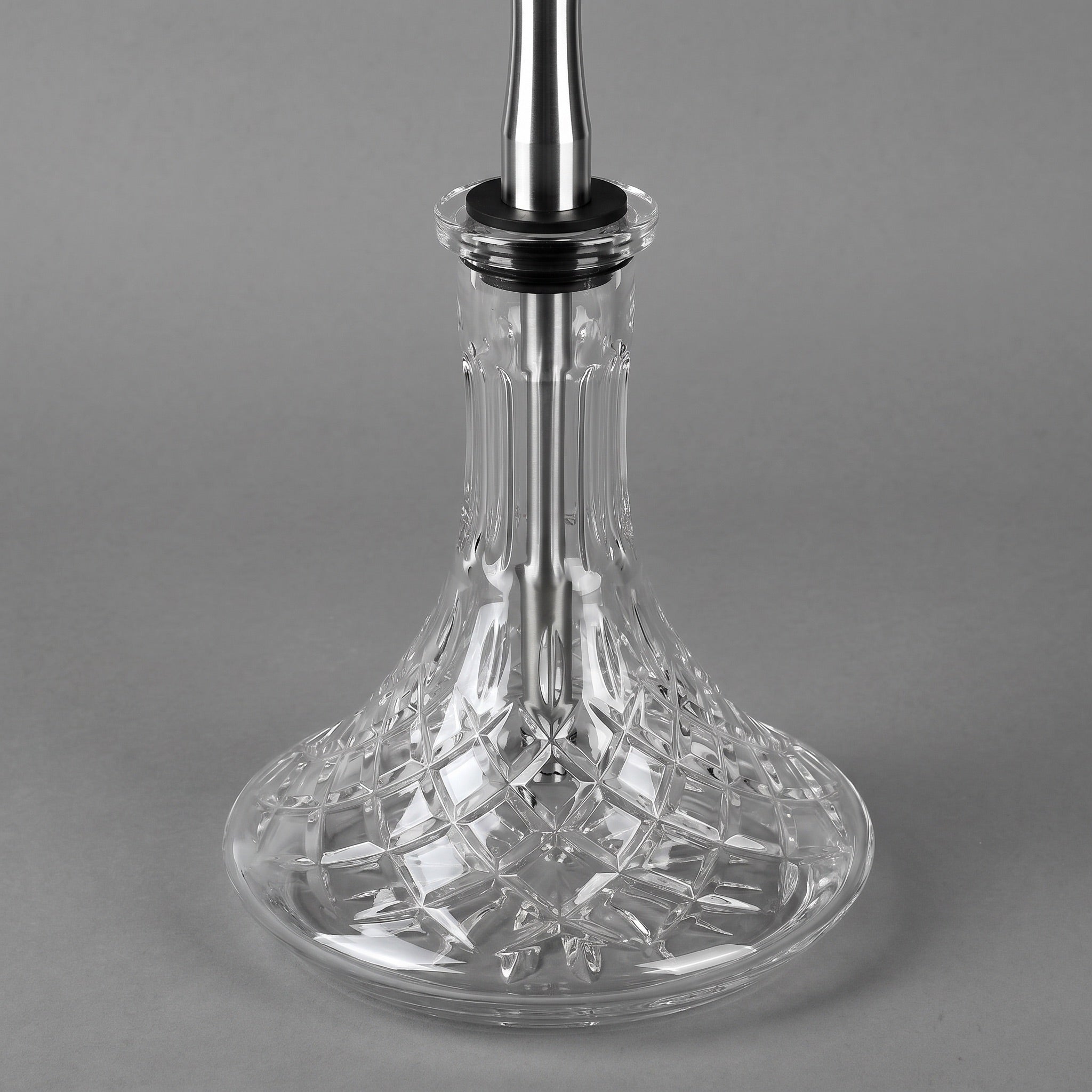 Lismore crystal-cut hookah base seated on Russian-style stainless stem showing 45mm grommet fit