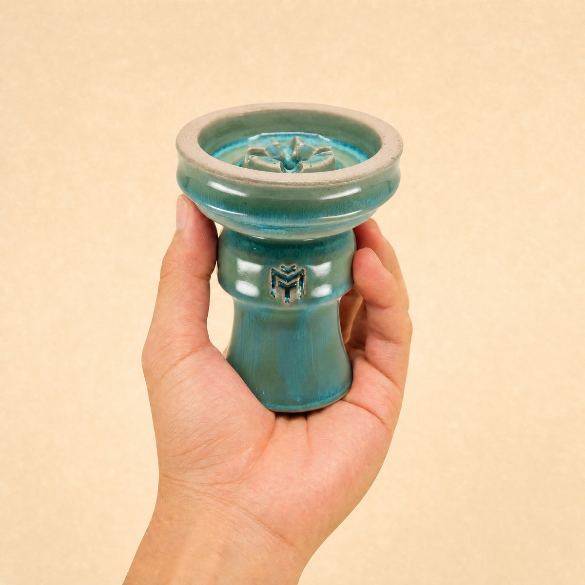 MIT Luxury Ashera Cedar bowl held in hand, showing scale and teal-sage drip-glaze finish, image 5 of 6