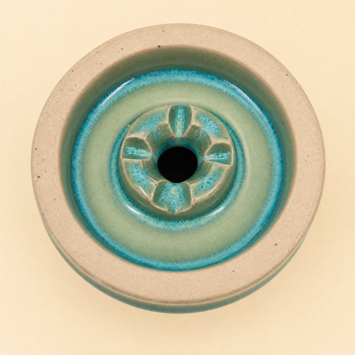 MIT Luxury Ashera Cedar bowl macro top-down detail of teal-sage glaze pooling around the phunnel spire, image 6 of 6