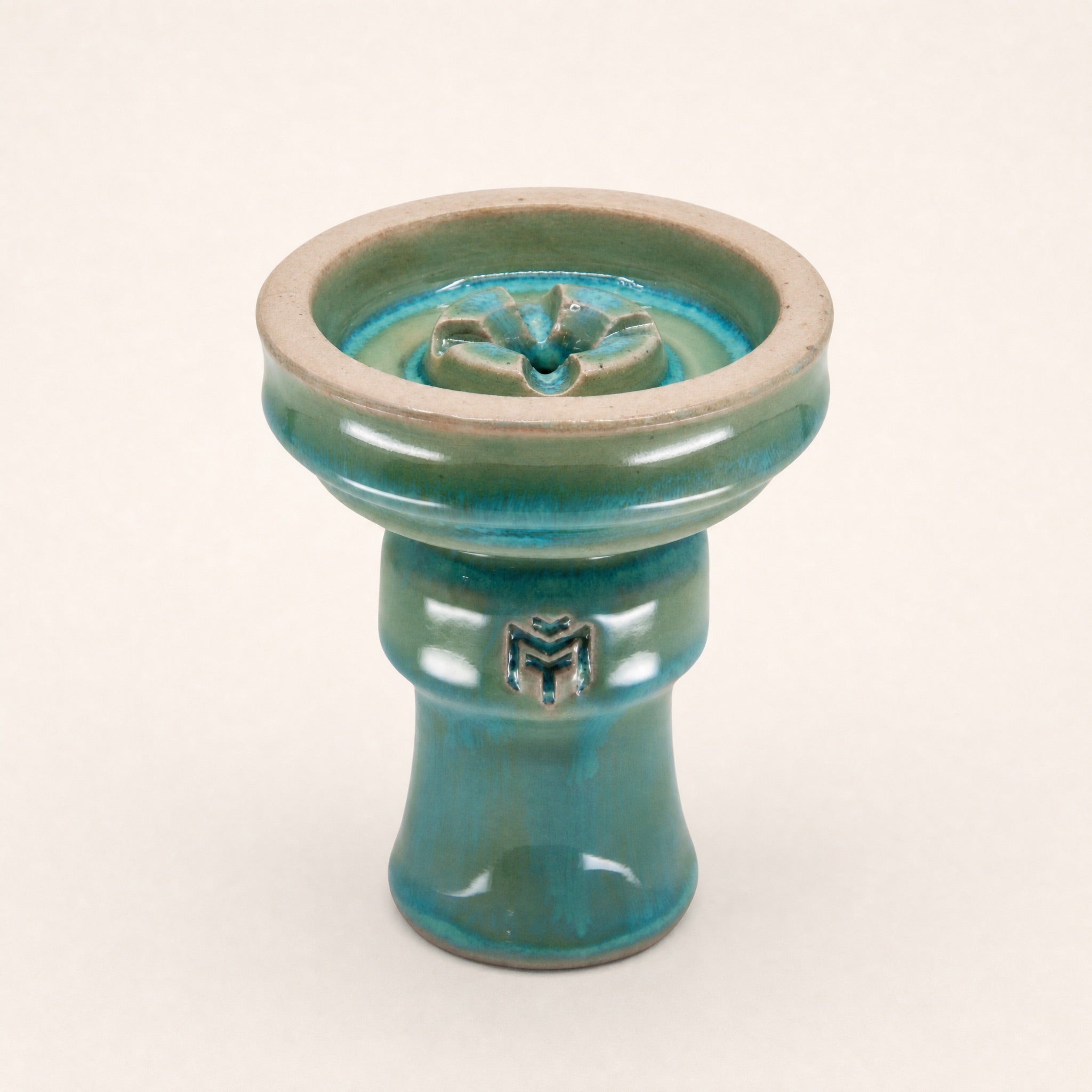 MIT Luxury Ashera Cedar phunnel bowl, teal-sage drip-glaze on stoneware body, three-quarter studio view