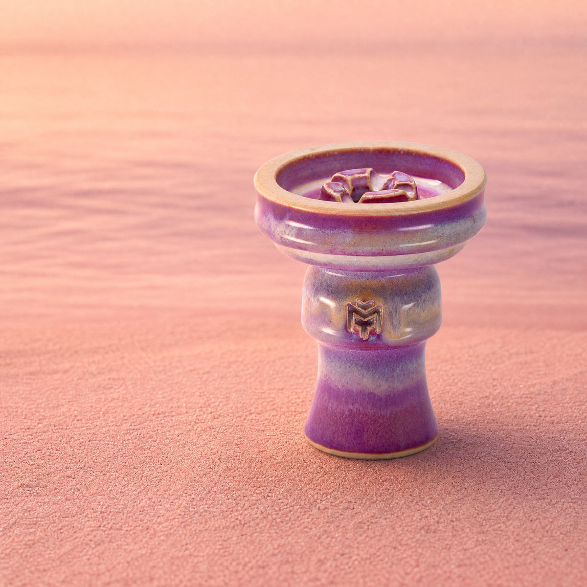 MIT Luxury Ashera Coral bowl on coral sand with Mediterranean sunset sea, rose-mauve gradient at golden hour, image 2 of 6