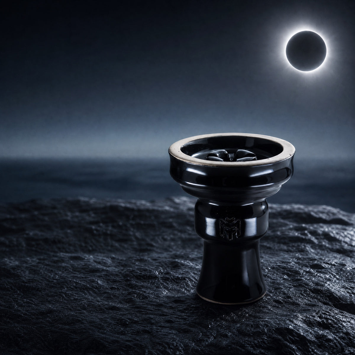 MIT Luxury Ashera Eclipse bowl on weathered stone at total solar eclipse, dark Mediterranean coast, image 2 of 6