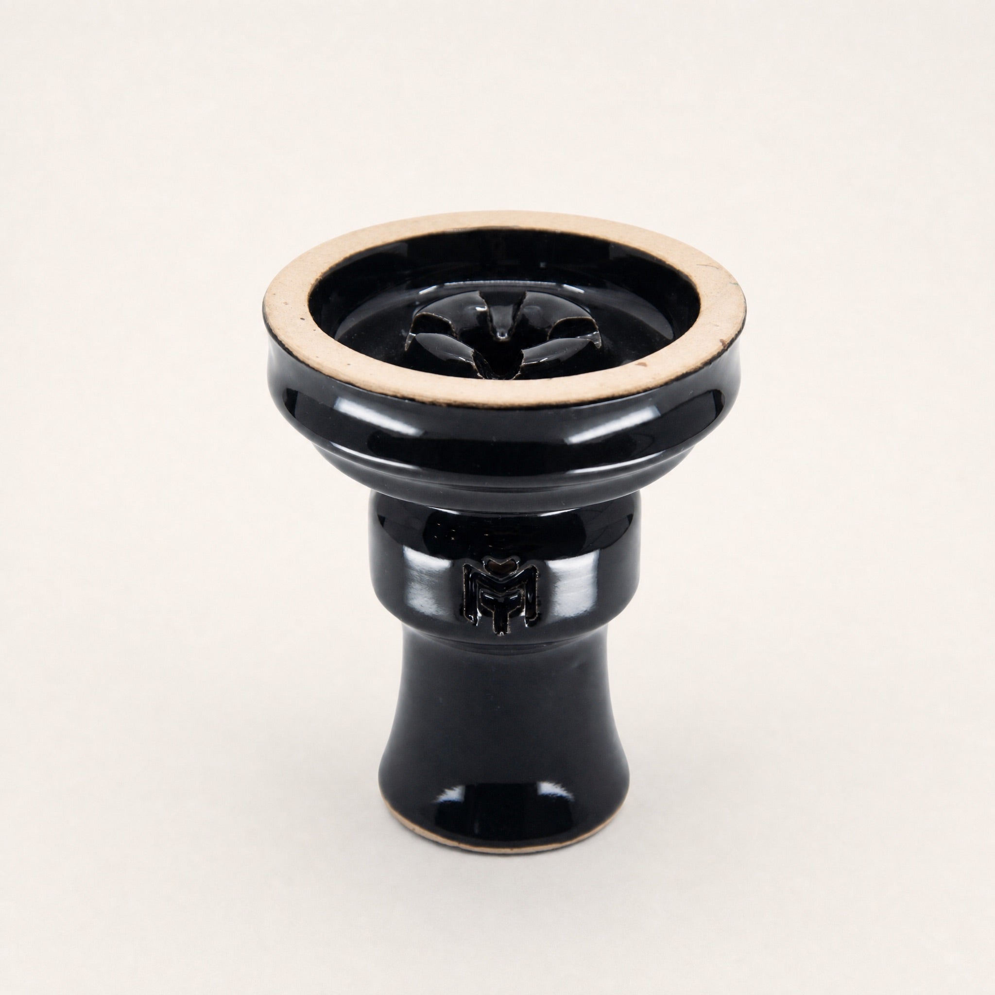 MIT Luxury Ashera Eclipse phunnel bowl, glossy obsidian-black glaze with raw stoneware rim, three-quarter studio view