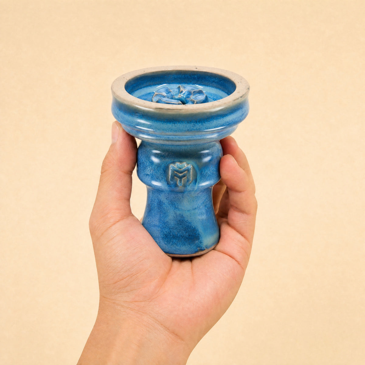 MIT Luxury Ashera Tide bowl held in hand, showing scale and azure-blue mottled glaze finish, image 5 of 6