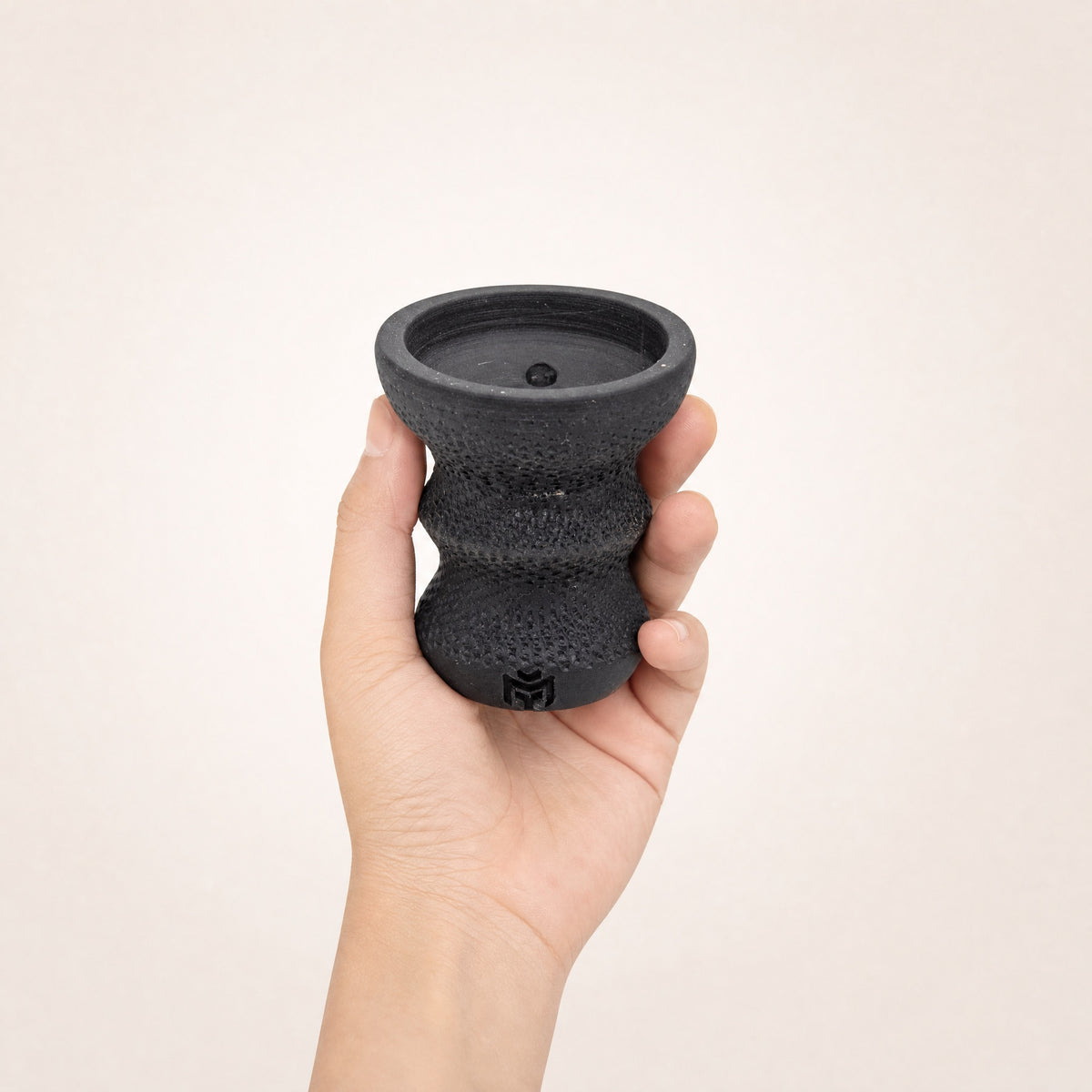 MIT Luxury DarkStar Turkish bowl held in hand for size reference, 87mm tall handmade stoneware, image 5 of 6