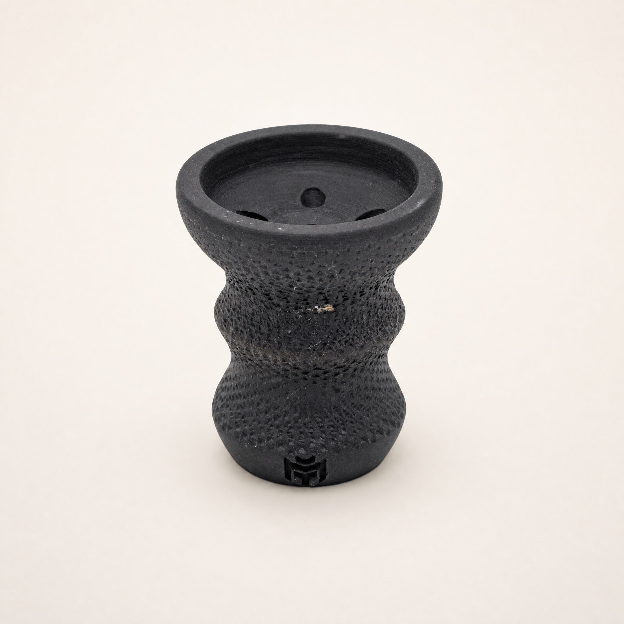 MIT Luxury DarkStar Turkish shisha bowl in matte black unglazed stoneware, double-curve silhouette, MIT emblem
