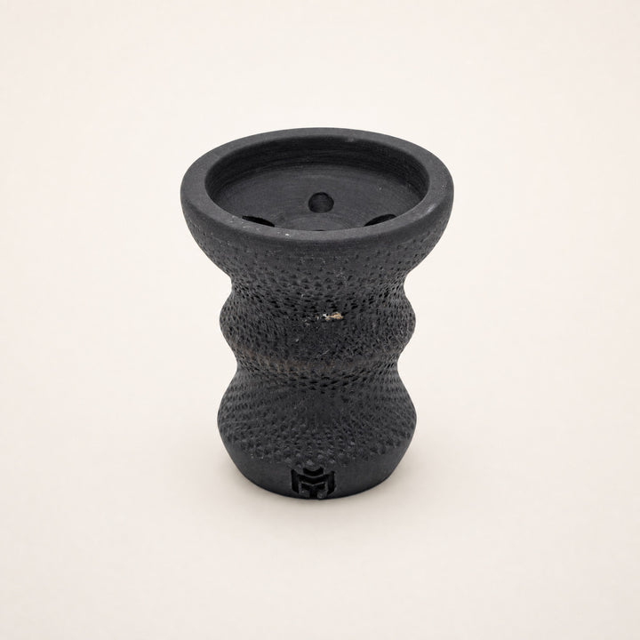 MIT Luxury DarkStar Turkish shisha bowl in matte black unglazed stoneware, double-curve silhouette, MIT emblem