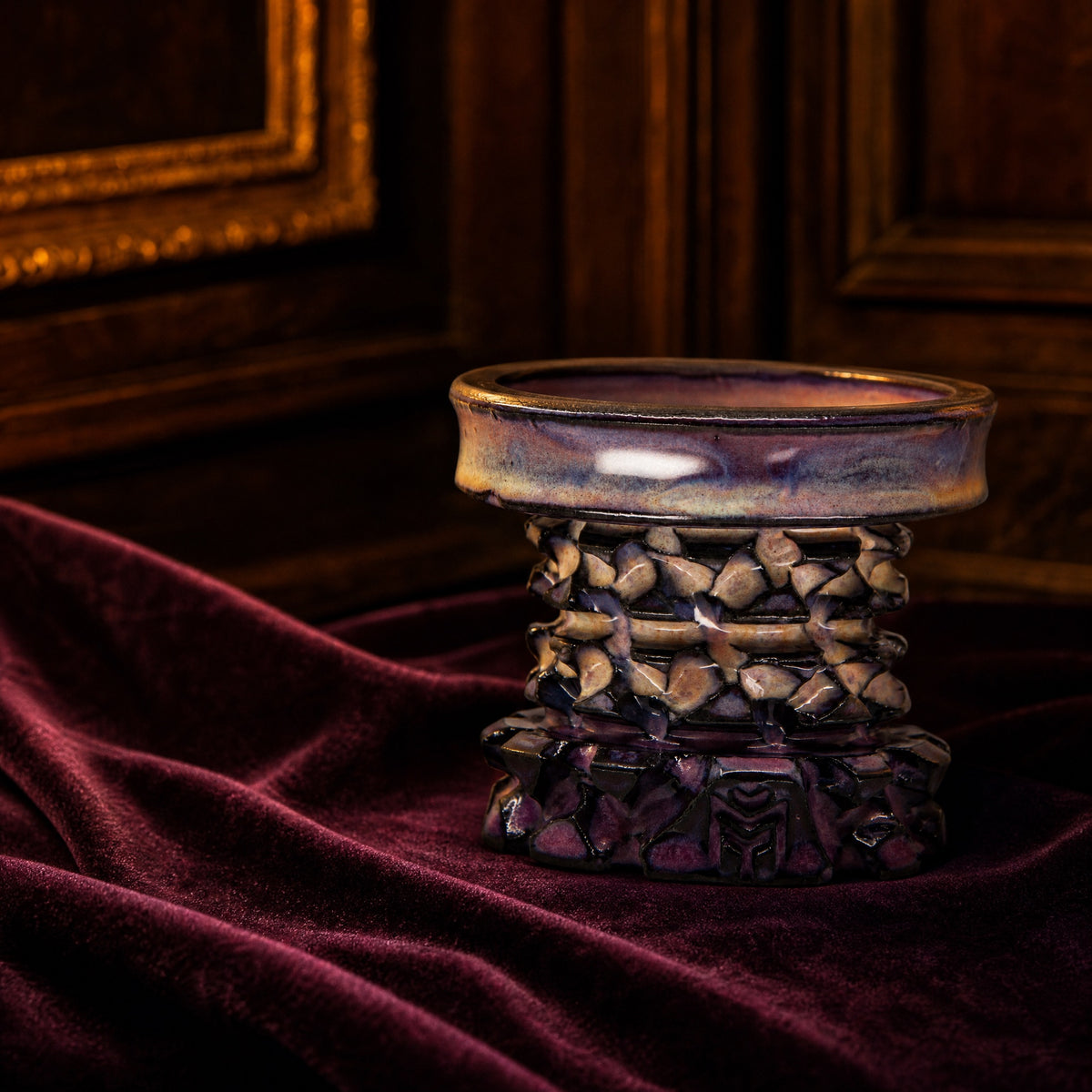 MIT Luxury Mitovation V2 Amethyst bowl on aubergine velvet drape, cathedral treasury with warm candle light, image 2 of 6