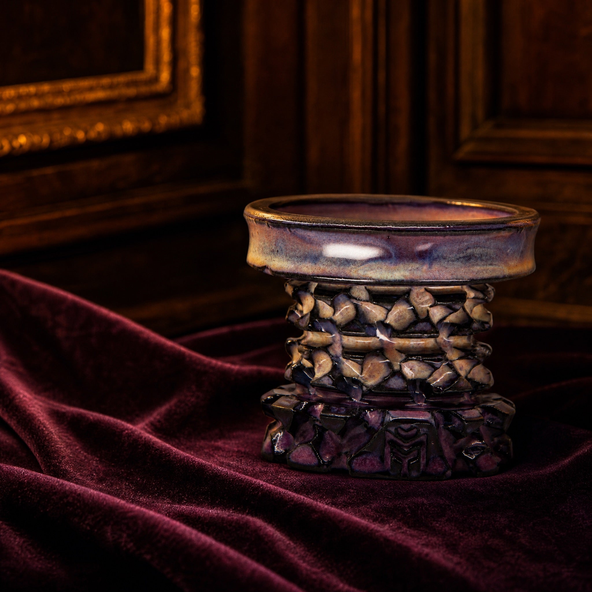 MIT Luxury Mitovation V2 Amethyst bowl on aubergine velvet drape, cathedral treasury with warm candle light