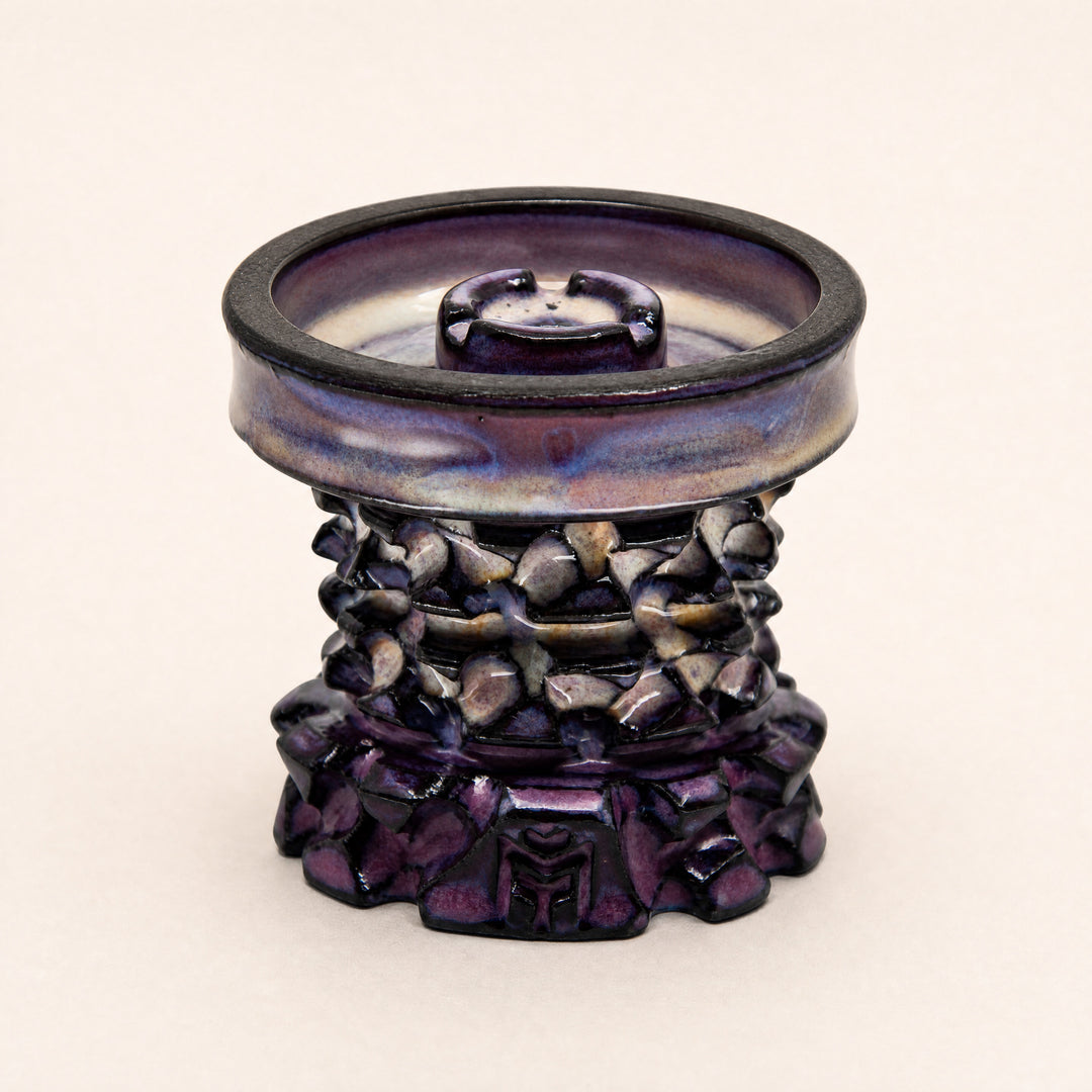 MIT Luxury Mitovation V2 Amethyst phunnel bowl, lavender plate with aubergine sculptural column, three-quarter studio view