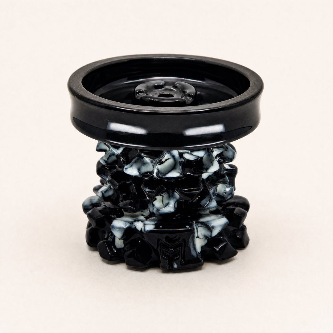 MIT Luxury Mitovation V2 Onyx phunnel bowl, marbled black-and-cream glaze on sculptural column, three-quarter studio view