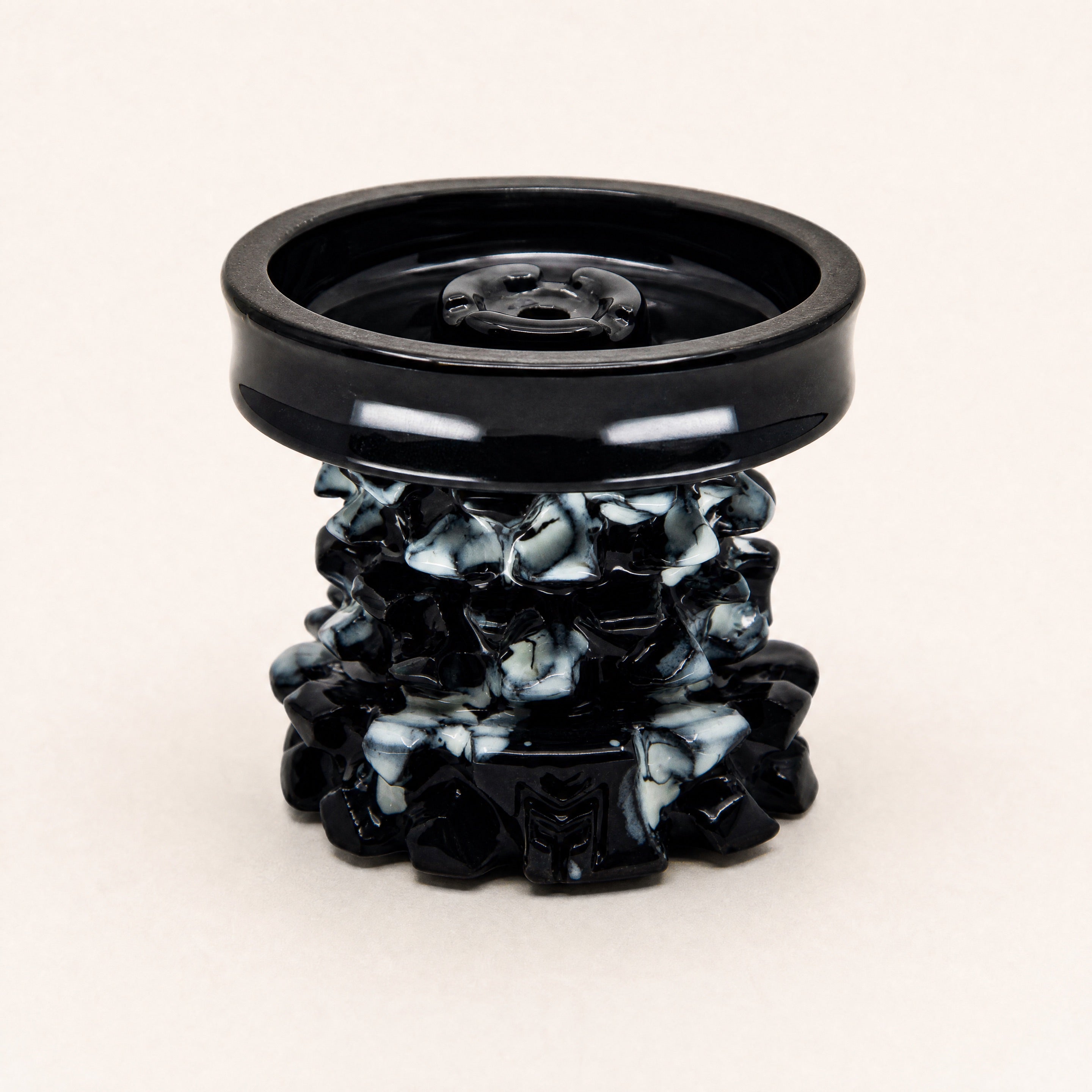 MIT Luxury Mitovation V2 Onyx phunnel bowl, marbled black-and-cream glaze on sculptural column, three-quarter studio view