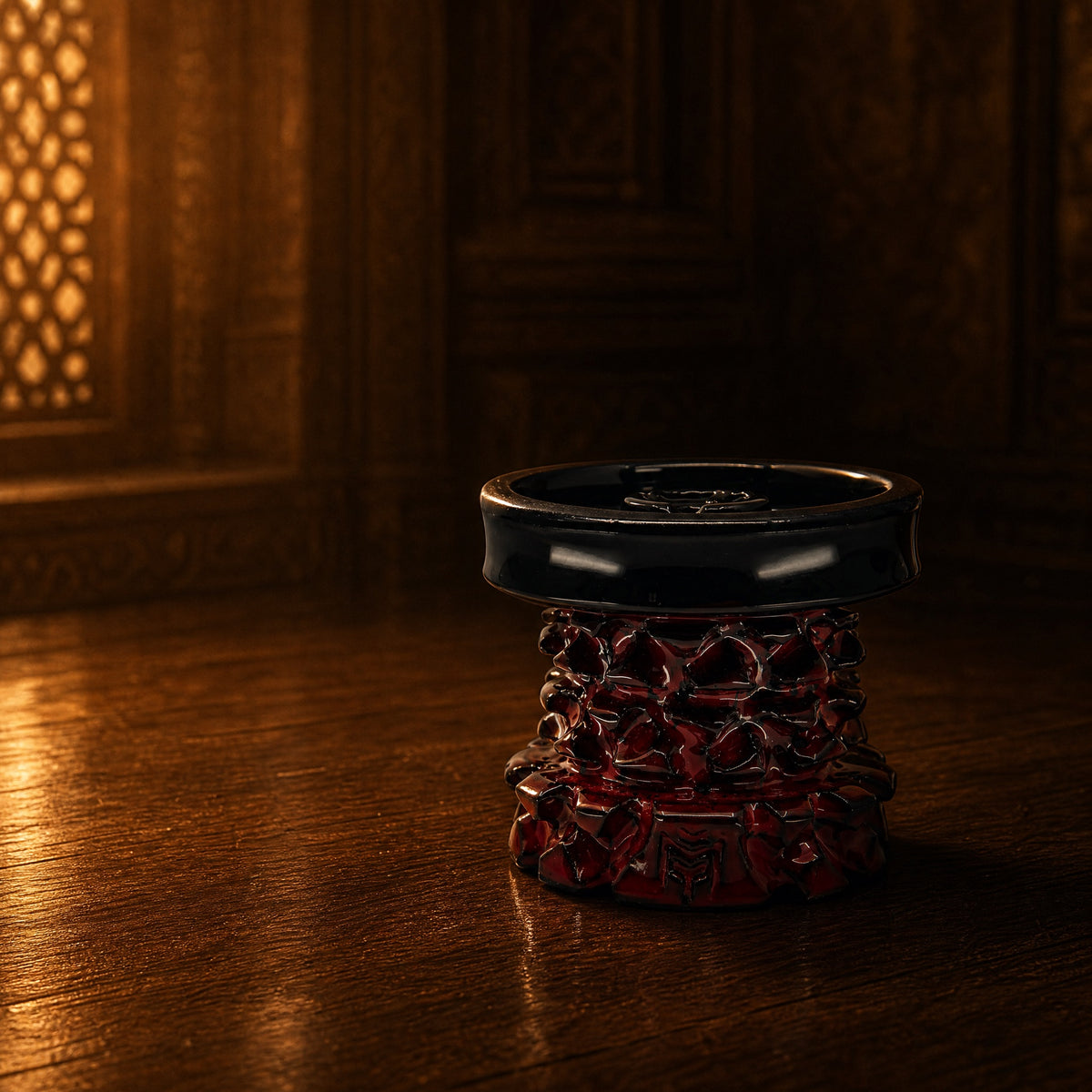 MIT Luxury Mitovation V2 Ruby bowl on aged hardwood with jali screen light, Mughal palace antechamber at dusk, image 2 of 6