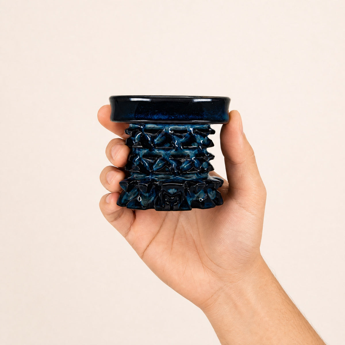 MIT Luxury Mitovation V2 Sapphire bowl held in hand, showing 80mm scale and deep cobalt glaze with sapphire pooling, image 5 of 6